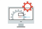 Computer graphic with gears, white background, email onboarding, Ricketts Corporation